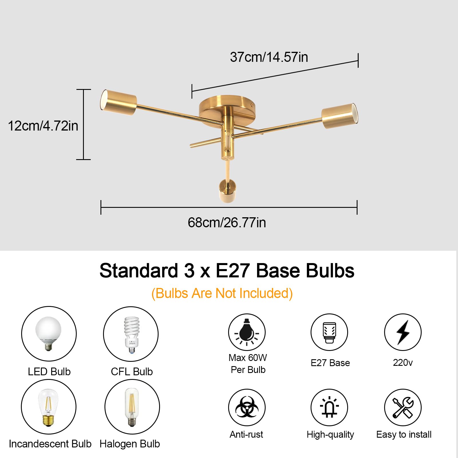 SENQIU Sputnik Ceiling Light 3 Lights Adjustable, E27 Gold Modern Semi Flush Mount Ceiling Lamp - Image 2