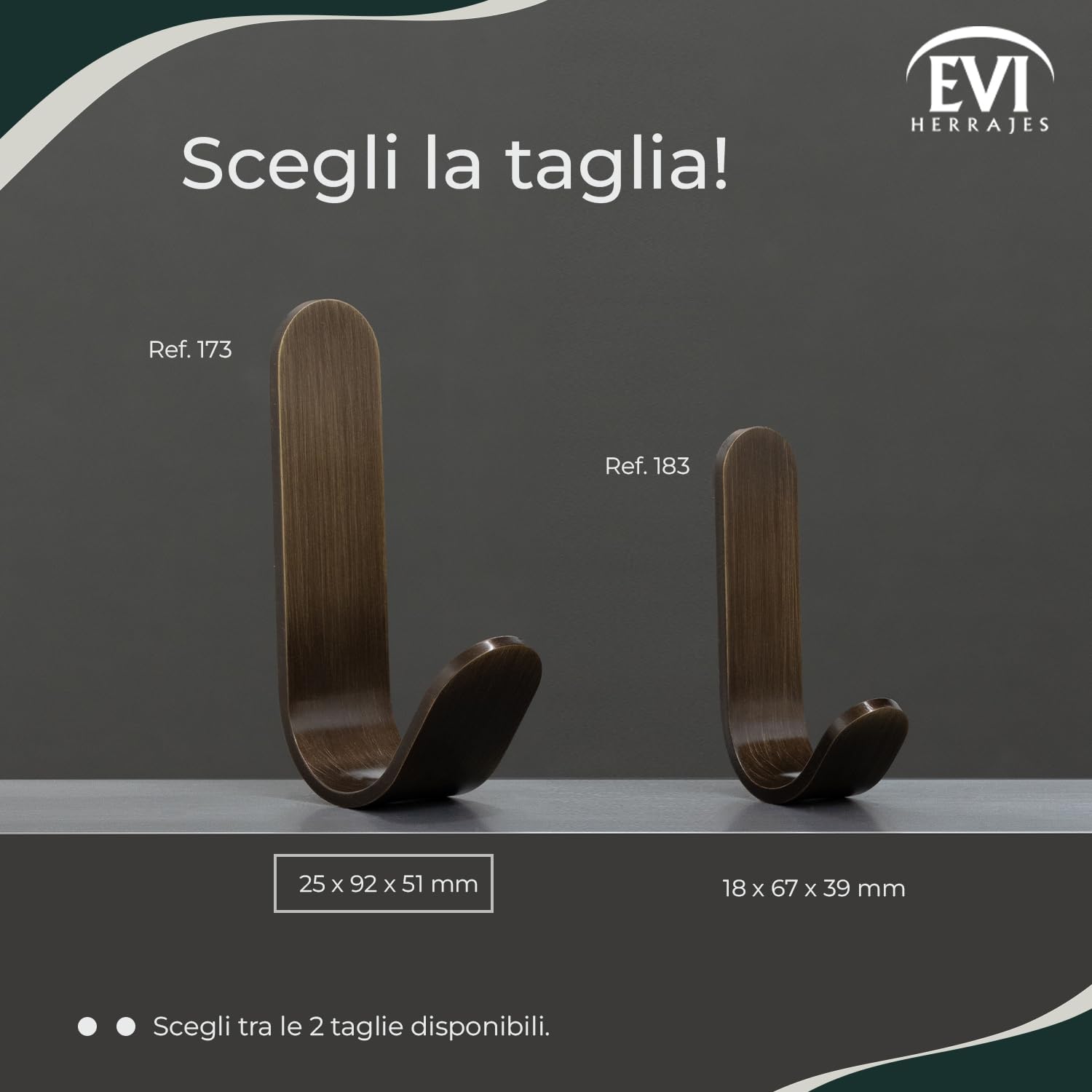 EVI Herrajes | Appendiabiti a forma di gancio da parete in ottone, finitura in pelle invecchiata | Installazione adesiva | Per appendere vestiti, asciugamani o accessoris | Mod. 173ADLCU