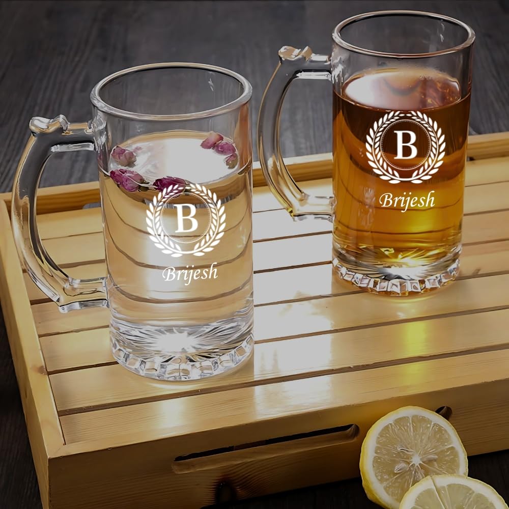 Personalized Beer Glass with Custom Initial & Name – 500ml Crystal Glass with Laurel Wreath Design – Custom Engraved Beer Mug for Men, Dad, Him – Gift for Birthday, Father’s Day, Christmas 1pcs