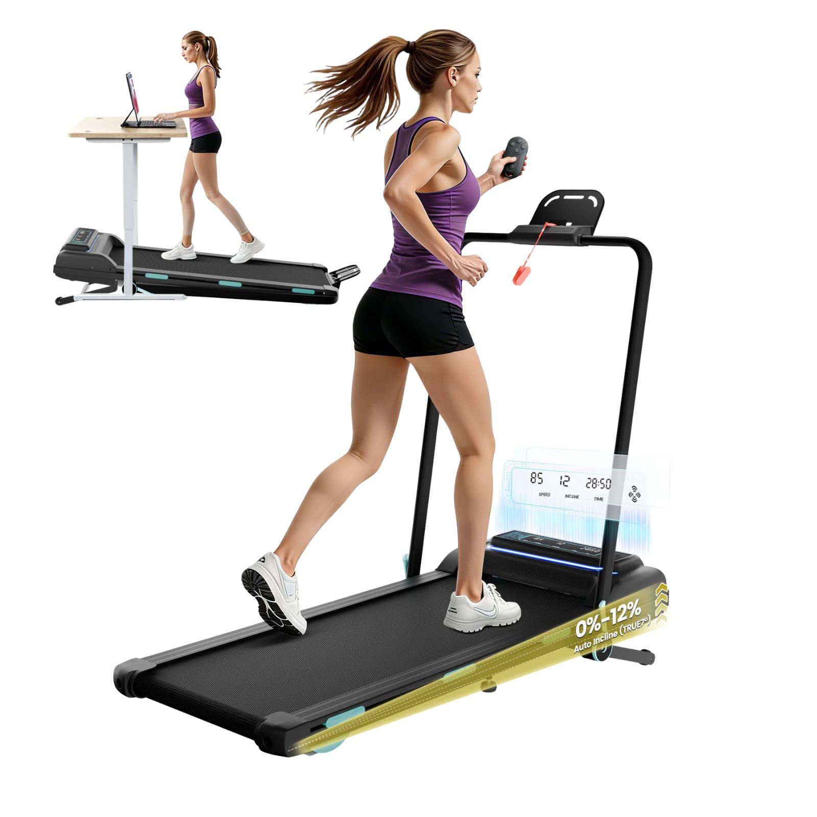 3.5HP Walking Pad with Handle Bar, 12% Auto Incline Treadmill for Home Office, 450 Lbs Capacity Heavy Duty Under Desk Treadmill with APP Control, Bluetooth Speaker, Portable Running Machine