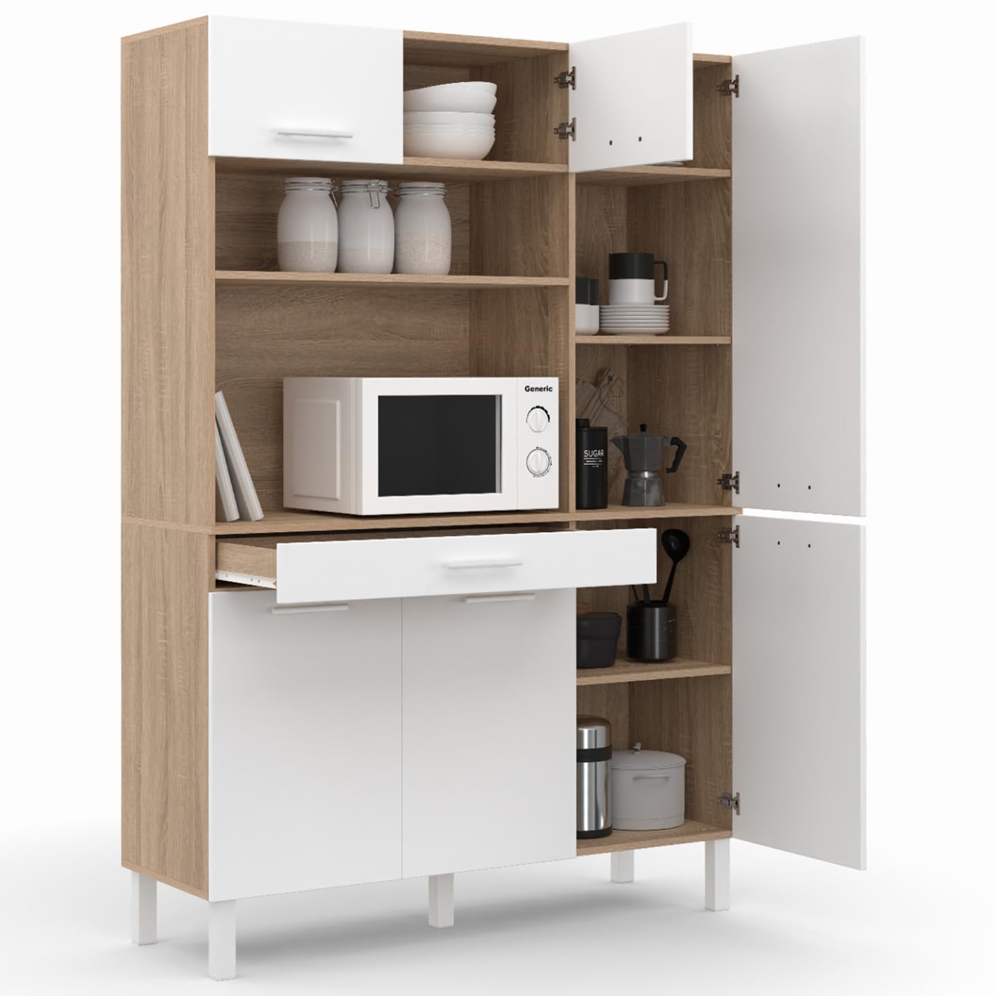 IDMarket - Aparador de cocina CINA con mueble de 120 CM, 6 puertas + cajón, acabado haya y blanco