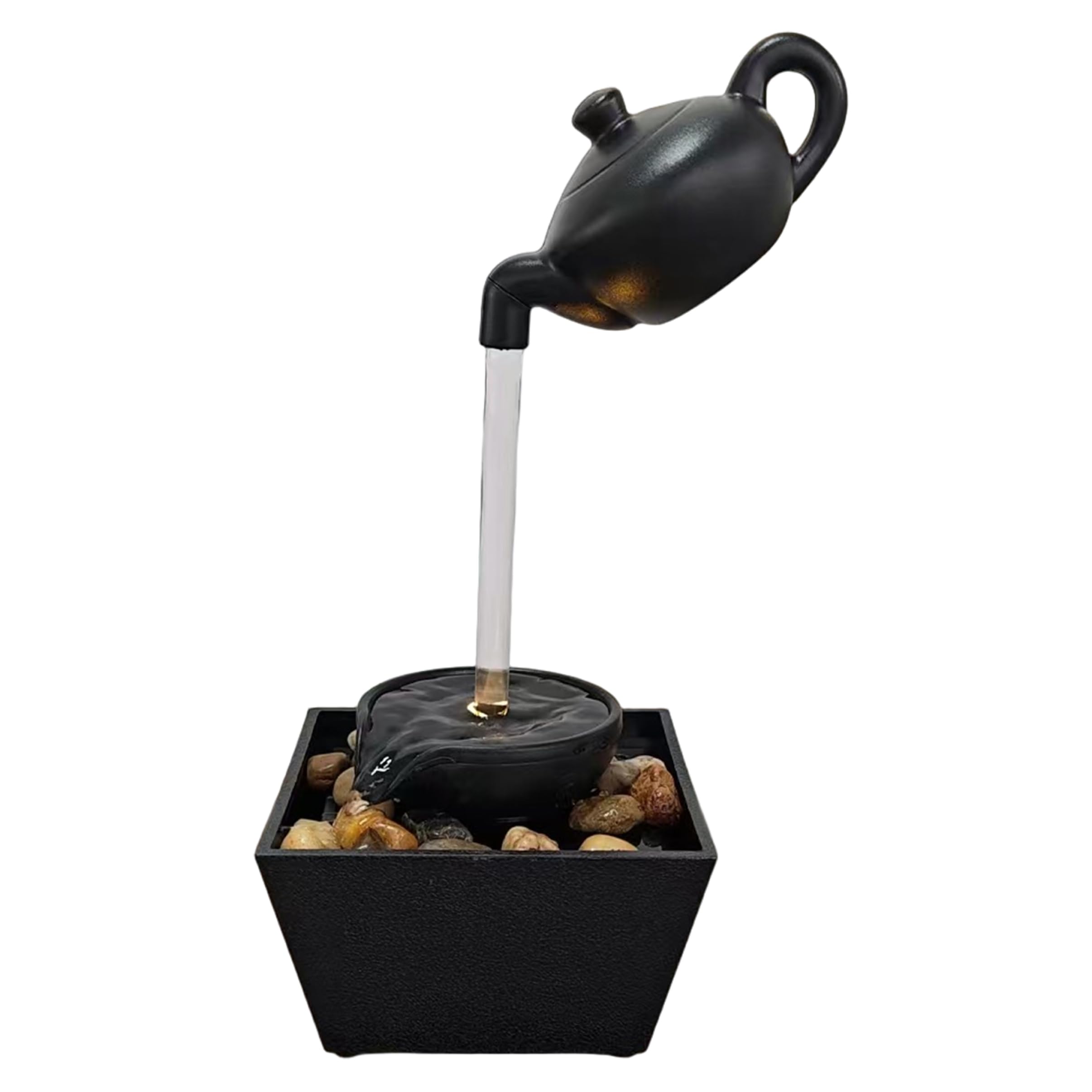Tabletop Water Fountain, Resin Waterfall Fountains Indoor, Floating Teapot with Soft Led Light, Calming Office Desk Home Decor, Black