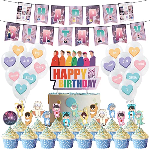 21 Pièces Ensemble de Décoration de Fête BTS - Kit de Célébration de Fête D'anniversaire à Thème BTS Comprend Bannière Joyeux Anniversaire, Gâteau Topper, des Ballons, Cartes D'invitation et de Gâteau Cover