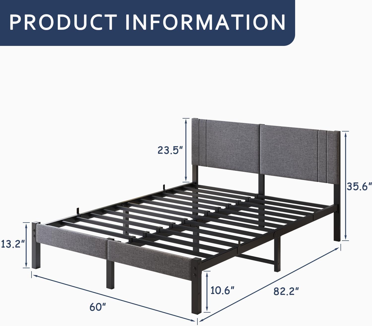 Queen Bed Frame, DUMEE Bed Frame Queen Size with Upholstered Headboard, Upholstered Bed Frame with Metal Slats Enhanced Support, No Box Spring Needed, Dark Gray Queen Bed - Image 2