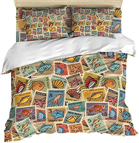 Seven Roses Set of 4 Bedding Quilt Covers, Sea Postmark Underwater World Stamp 4-Piece Bed Sheet Set with Extra Soft Bed Sheets Quilt Cover Pillowcase, Vintage Cartoon Colorful Postage Stamp Full