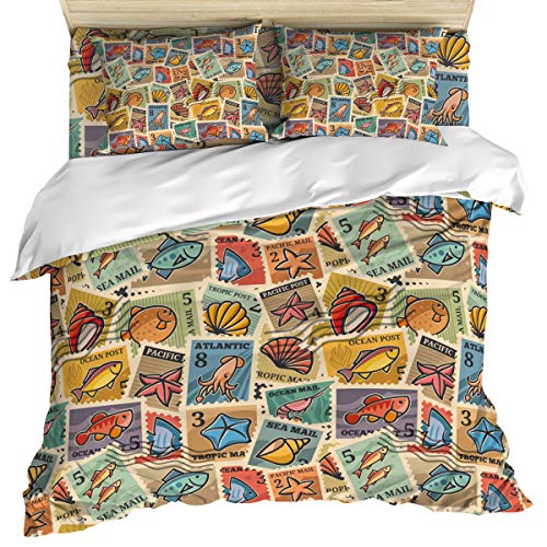 Seven Roses Set Of 4 Bedding Quilt Covers, Sea Postmark Underwater World Stamp 4-Piece Bed Sheet Set With Extra Soft Bed Sheets Quilt Cover Pillowcase, Vintage Cartoon Colorful Postage Stamp Full #TOP2