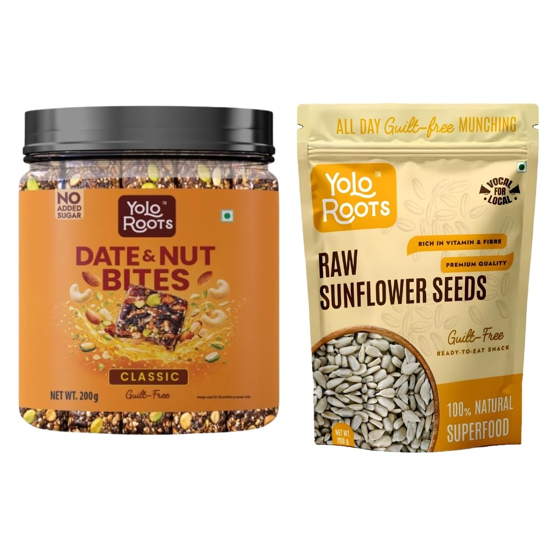 Yolo Roots Date & Nut Bites 200g (10 Pieces) & Raw Sunflower Seeds 200g Combo | Dates, Almonds, Cashews & Pista Sweet with Natural Sunflower Seeds (Pack of 2)