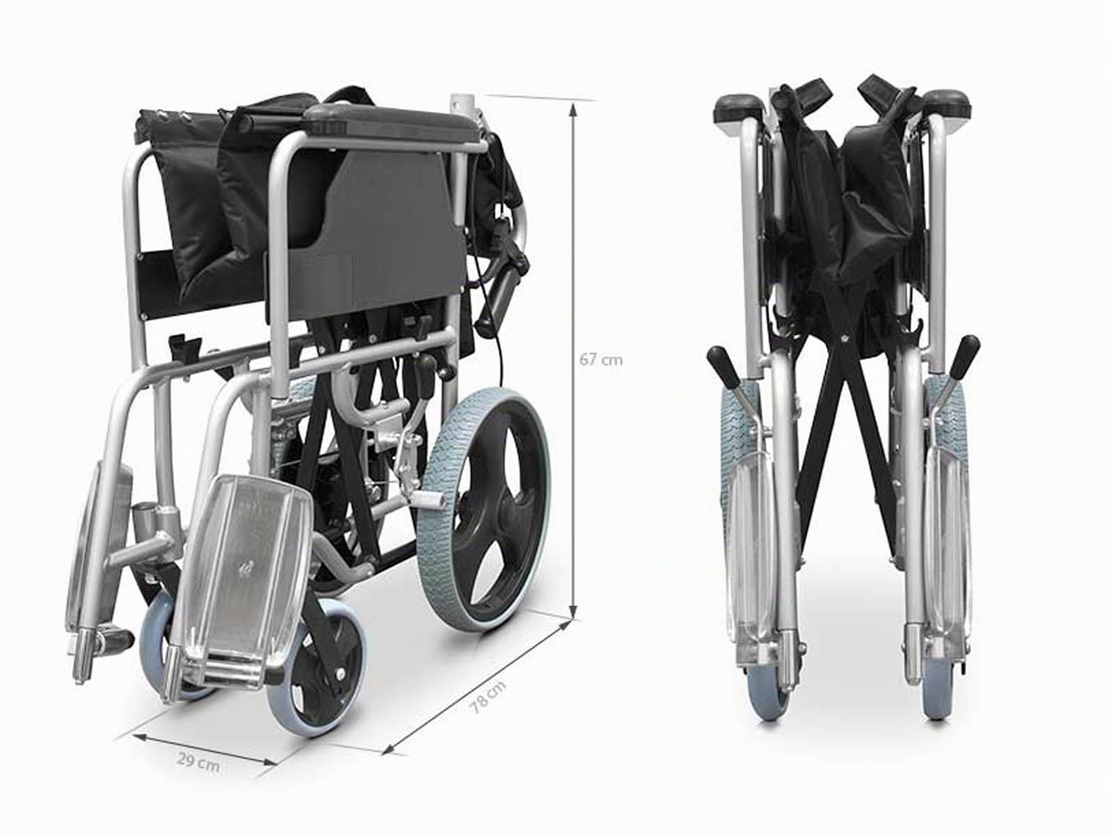 QUIRUMED Silla de ruedas de aluminio para viajes, Asiento 46 cm, Silla de ruedas de tránsito, para traslado, Plegable, Ligera, Cinturón de seguridad, Reposapiés abatibles