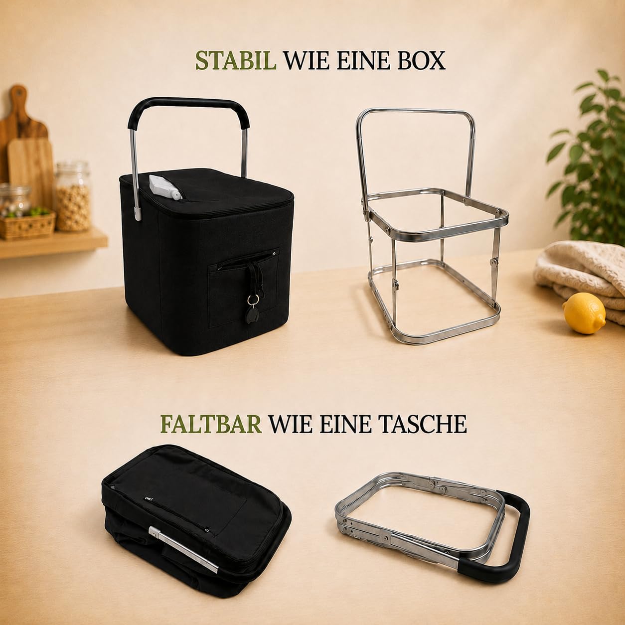 43L Einkaufskorb faltbar mit Deckel, groß, stabil, isolierter Kühlkorb, Thermokorb oder Thermotasche, klappbar, ideal für Picknick, Camping, Reisen, Einkauf (Schwarz)