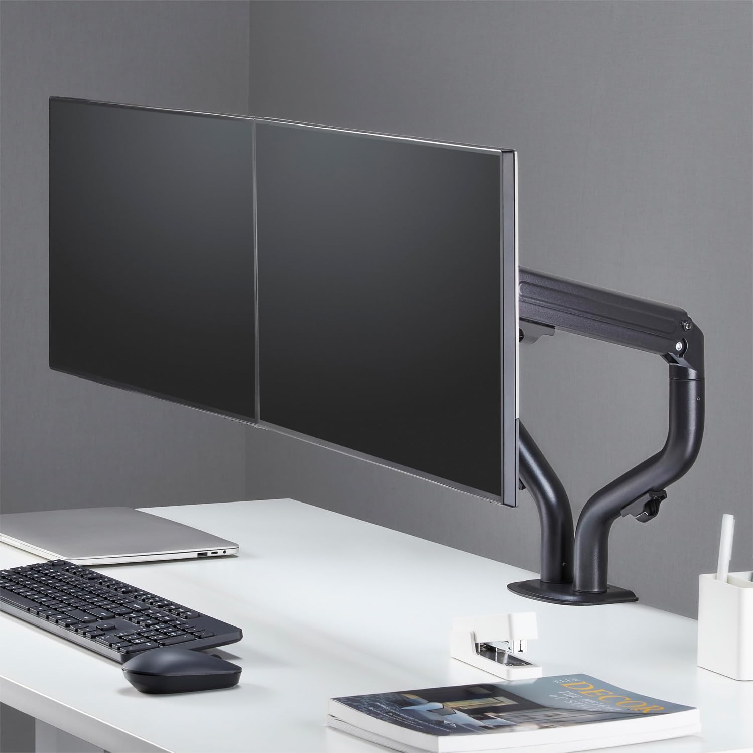 AISENS - DT32TSR-141 - Supporto da tavolo Eco controbilanciato girevole E inclinabile per monitor/TV 8 kg (3 pin, 2 braccia) da 17-32, nero
