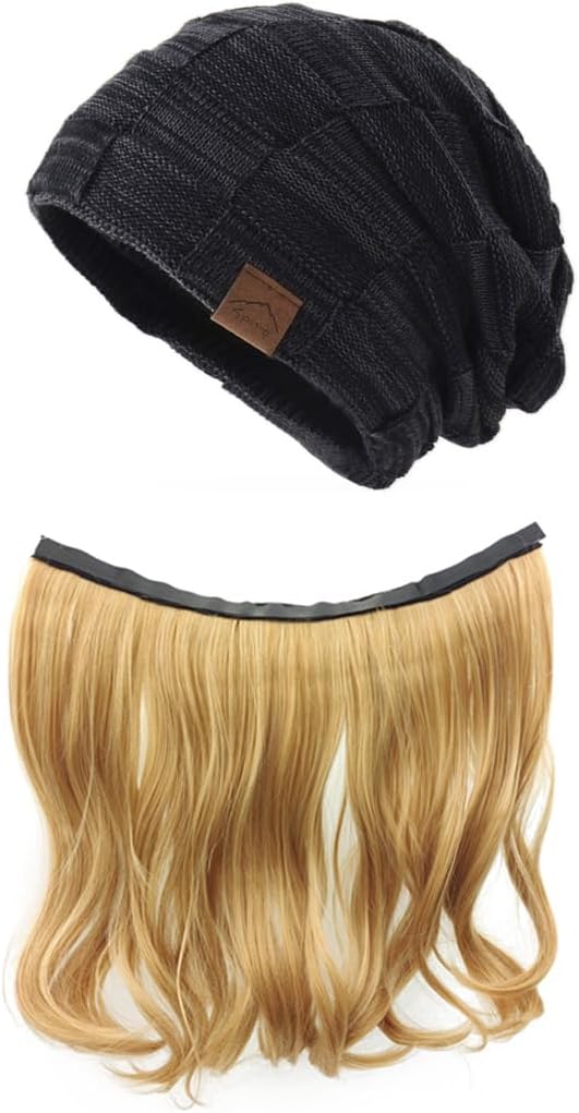Fall/Winter Beanie for Women,Hat with Hair Attached Wig,Knit Warm Thick Skully Stocking Binie Hat