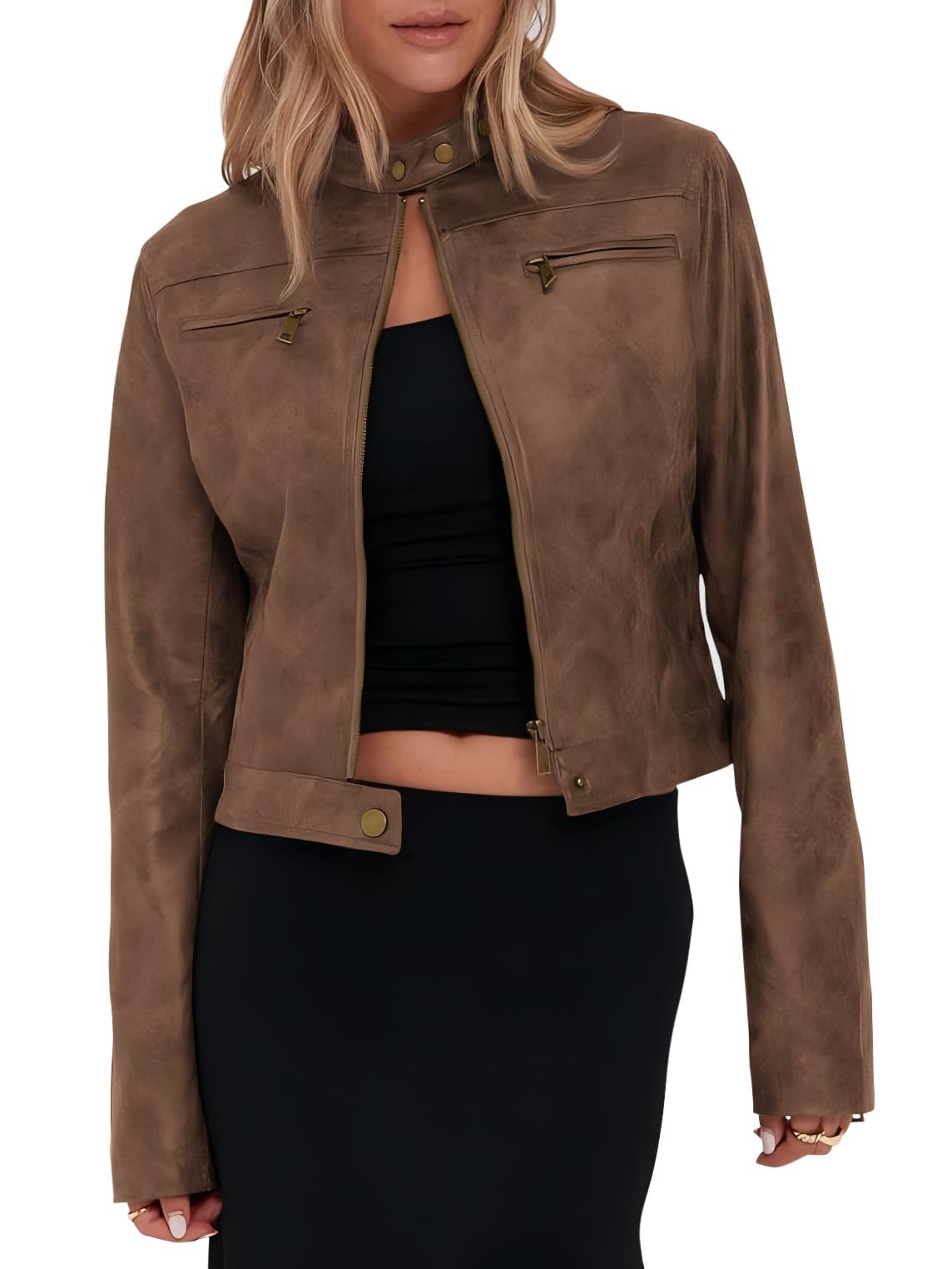 Photo 1 of Onedreamer Women's Faux Leather Cropped jackets Casual Vintage Zip Up Stand Collar Motorcycle Short Coat Jacket