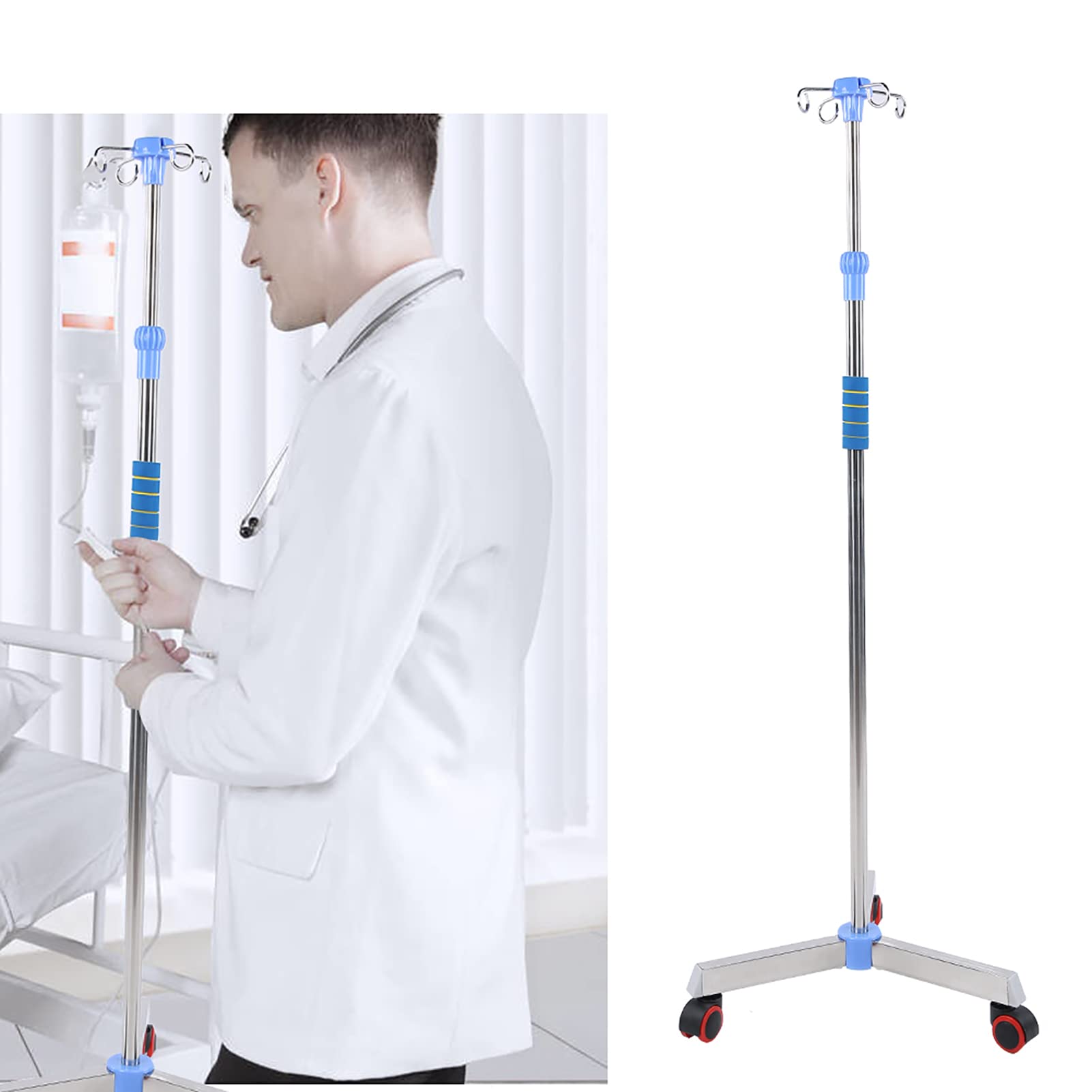 Perche IV avec Roues Poteaux de Support IV en Acier Inoxydable Porte-Sac IV pour Support de Perfusion Portable avec 4 Crochets Hauteur Réglable de 45,2" à 78,7" pour la Maison