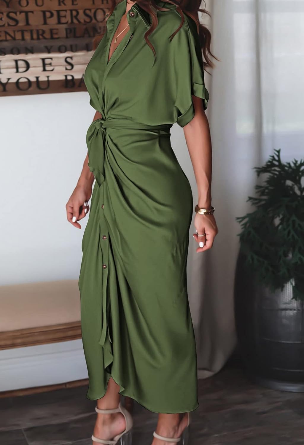 Women Elegant Satin Button Down Short Sleeve Maxi Shirt Dress with Belt - Image 6