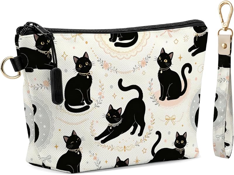 Necessaire de maquiagem Fokongna com pulseira e chaveiro, Vintage Black Cat, conjunto com 2