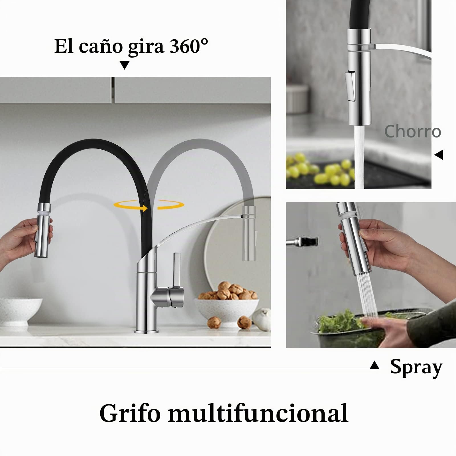 Grifos de cocina flexibles con rociador extraíble negro cromado para fregadero de cocina con manguera de silicona negra, grifos de fregadero de una sola palanca para cocinas modernas, boquilla