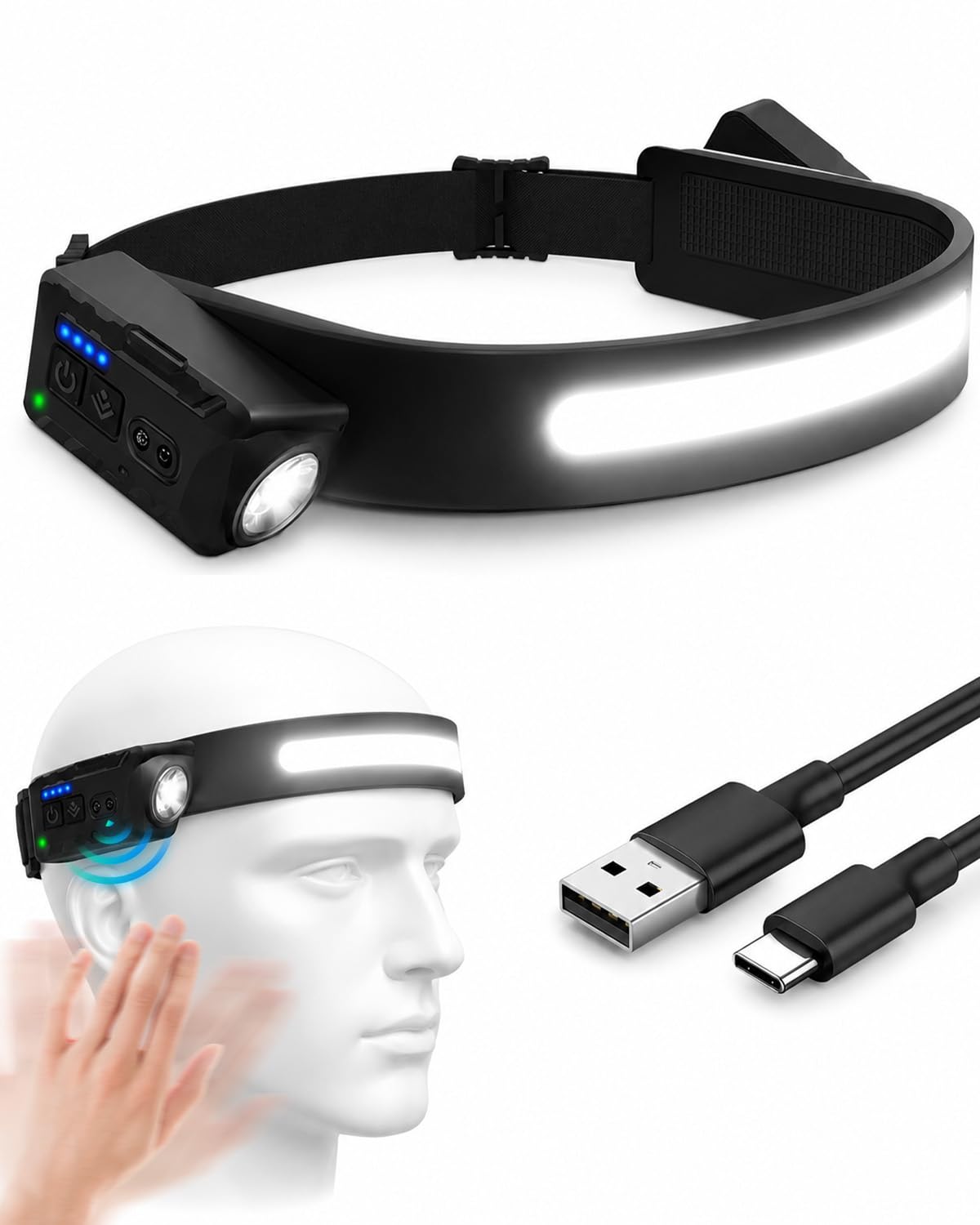 Lorrtta LumiLight Rechargeable Head Torch, USB LED Headlamp with 5 Lighting Modes, IPX4 Water Resistant Hands-Free Head Light for Running, Hiking, Camping, Power Cuts and Emergency Use, 1 Pack — image 1
