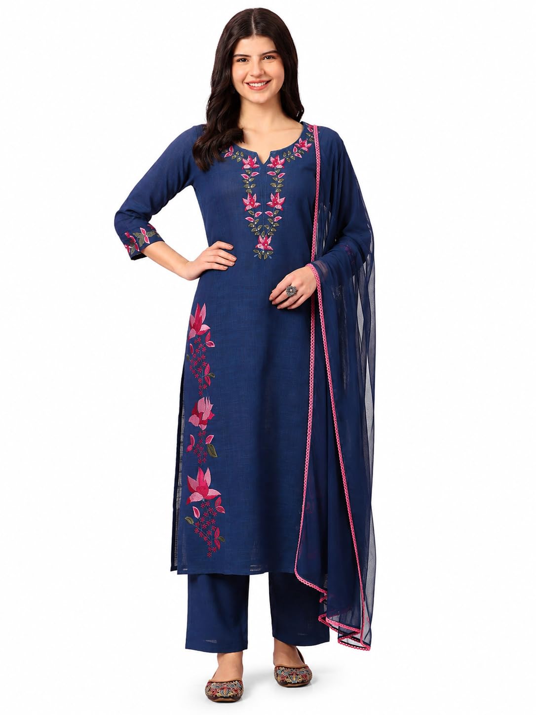 Women Purple Floral Embroidered Pure Cotton Straight Kurta Trousers & Dupatta Set-image-29