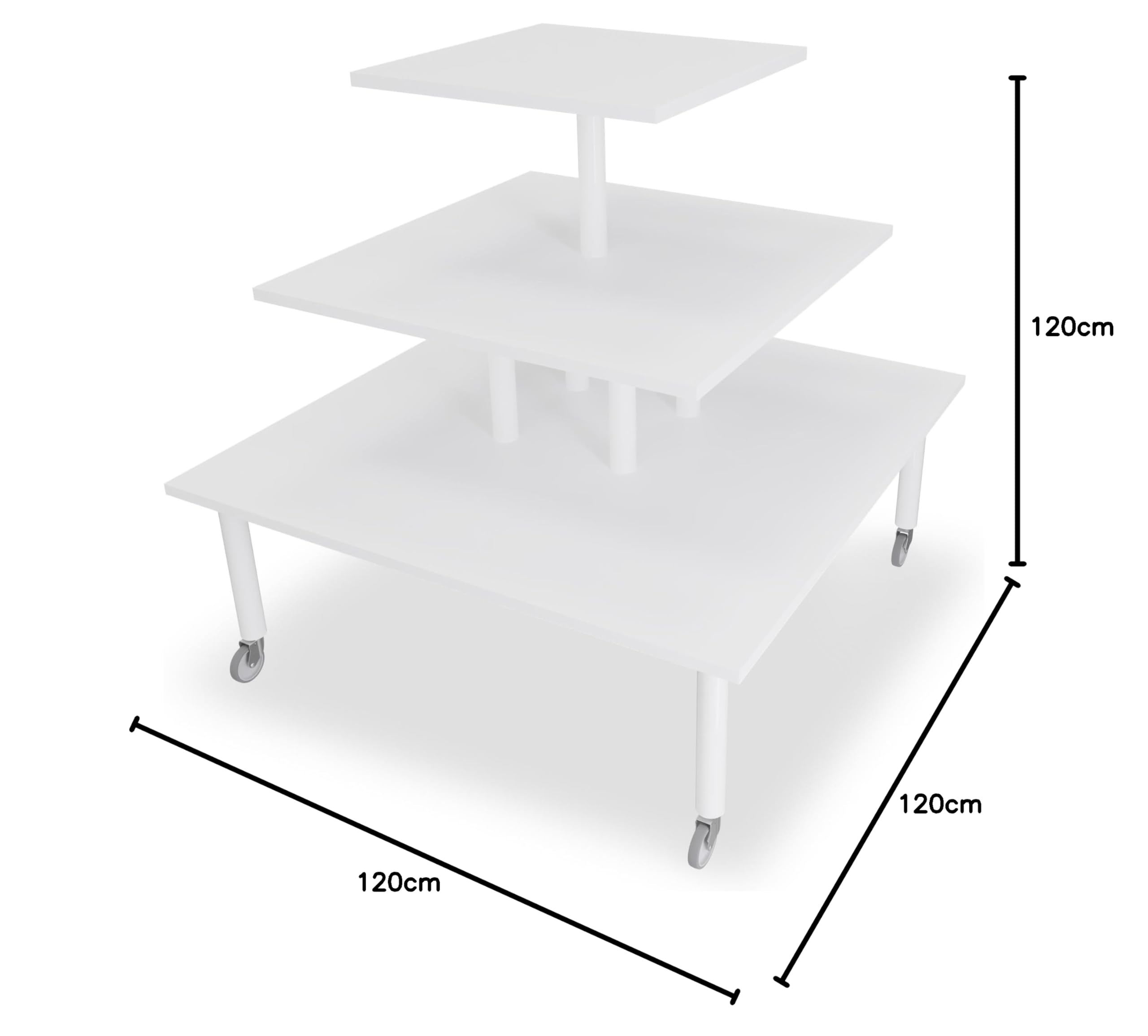 Pyramidentisch aus Holz rollbar, Warentisch in versch. Größen und Farben, Verkaufstisch 3 Etagen mit weißen Beinen, Etagentisch H120 cm (Weiß, 120 x 120 cm/ 90 x 90 cm/ 60 x 60 cm)
