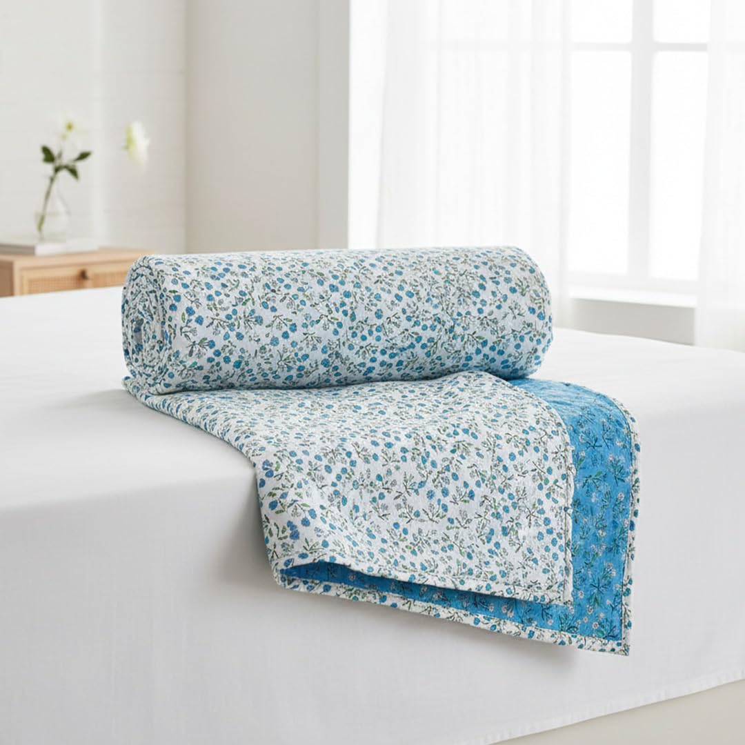 HOMEMONDE 100% Cotton Reversible Dohar Single Bed Size | 300 TC AC Blanket Comforter | Soft Lightweight Bed Blanket Quilt (54 X 84 Inch, Turquoise & White, Pack Of 1)-image-30