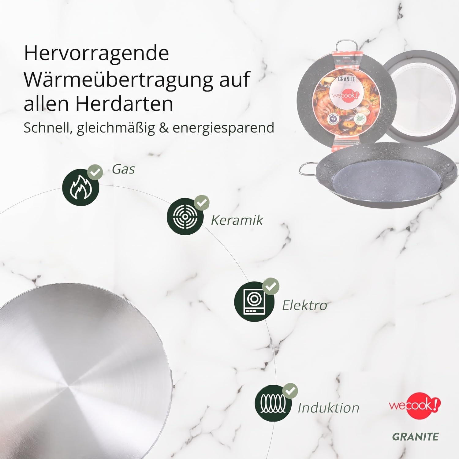 WECOOK! Granit Paellapfanne Induktion, 46 cm, 12 Portionen, Aluminium, Antihaftbeschichtung XYLAN PLUS ohne PFOA, 3 mm Dicke, geeignet für alle Herdarten, Glaskeramik, Gas, spülmaschinenfest.