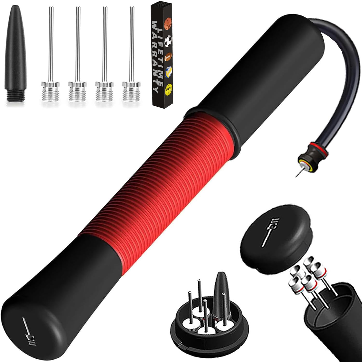 Ball Pump with Needle Storage(Never Lose Pin) Basketball Pump with 5 Needles and Extendable Cable, Soccer Football Pumps, Volleyball Pump Rugby Ball Inflator - Great for All Balls - 1&2 Pack Available-image-22
