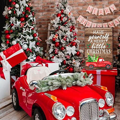 Image of Merry Christmas Metal Tin Sign - Vintage Red Truck Wall Decor, 'Have Yourself A Merry Little Christmas' Sign for Home Decorations, 8x12 Inch
