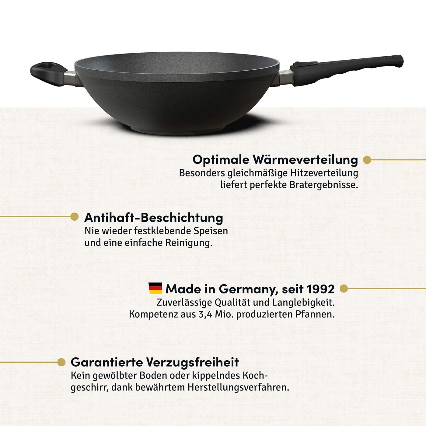 Hoffmann Wokpfanne groß für Induktion 32 cm I Made in Germany I Backofengeeignet bis 240 Grad I Wok Pfanne I 100% Verzugsfreier Boden I Induktionsherd I Abnehmbarer Griff