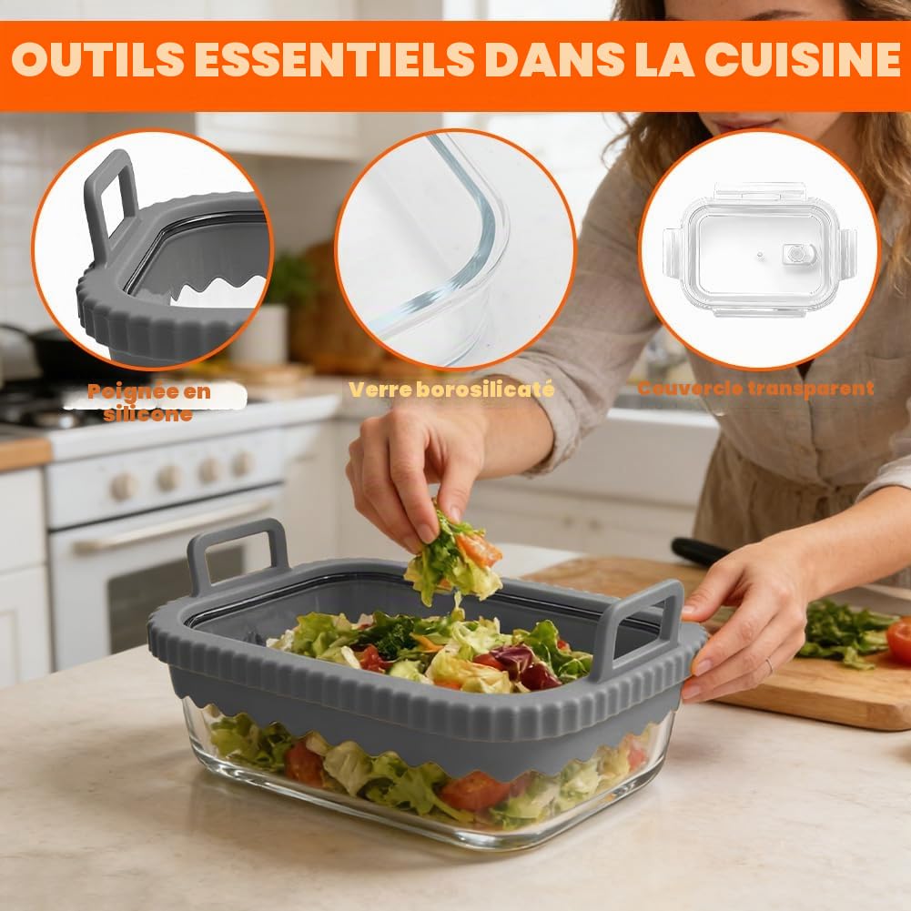 Plat à gratin Airfryer pour Ninja & Cosori | Moule en verre avec couvercle et poignées amovibles | Résistant à la chaleur pour Ninja Airfryer Accessoires AF400EU/AF500EU/SL400EU | Passe au