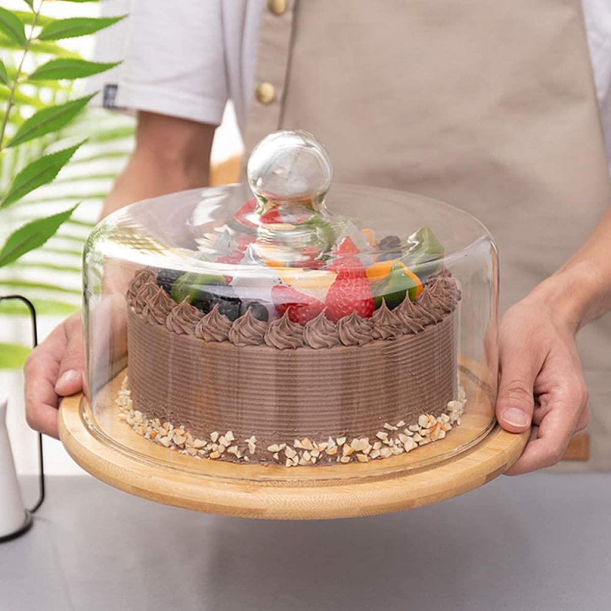 Cúpula de cristal para tartas con plato de bambú para servir, 21 x 21 x 15,7 cm, perfecta para queso, pasteles y postres, elegante solución de exhibición y almacenamiento de alimentos