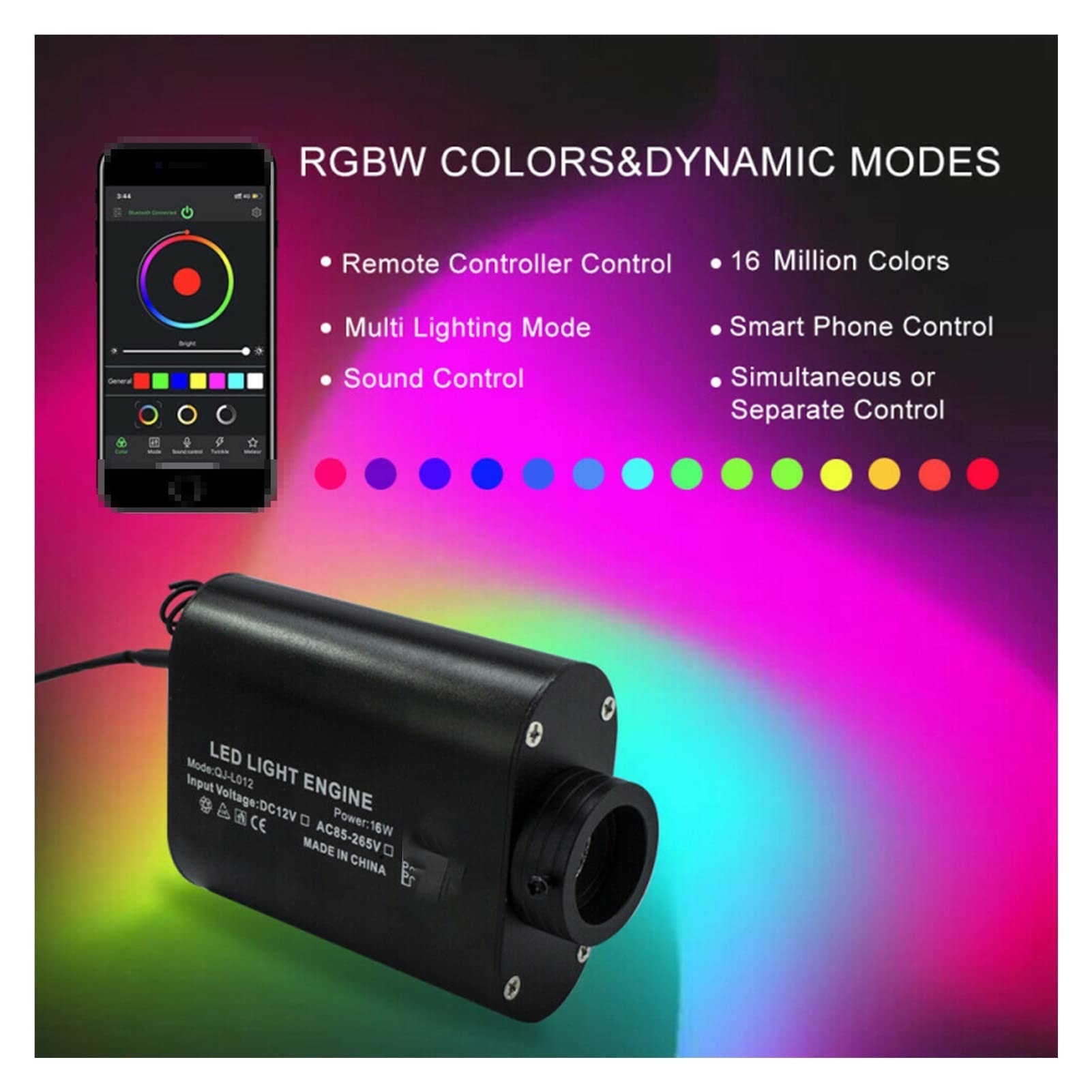DC12V 16W ​​RGBW LED Samochód światłowodowy gwiazda światła dachu gwiaździsta niebo otoczenia lampa dekoracja wnętrza z muzyką bluetooth Aplikacja Kontrola Wysoka Wydajność(150PCS 75mm 2M)