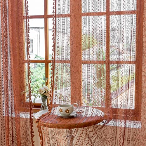 Image of MYSKY HOME Terracotta Boho Lace Sheer Curtains 84 inch Length 2 Panels Burnt Orange Sheer Floral Vintage Bohemian Crochet Geometry Curtains with Tassels for Living Room Bedroom Rod Pocket, 55 inch W