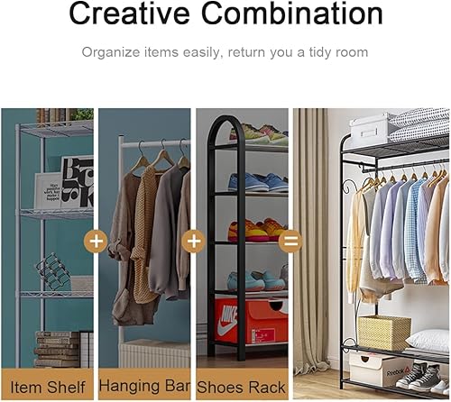 Miniatura 6 de Estante de ropa resistente de metal negro para dormitorio con estantes de almacenamiento, 2 estantes para zapatos
