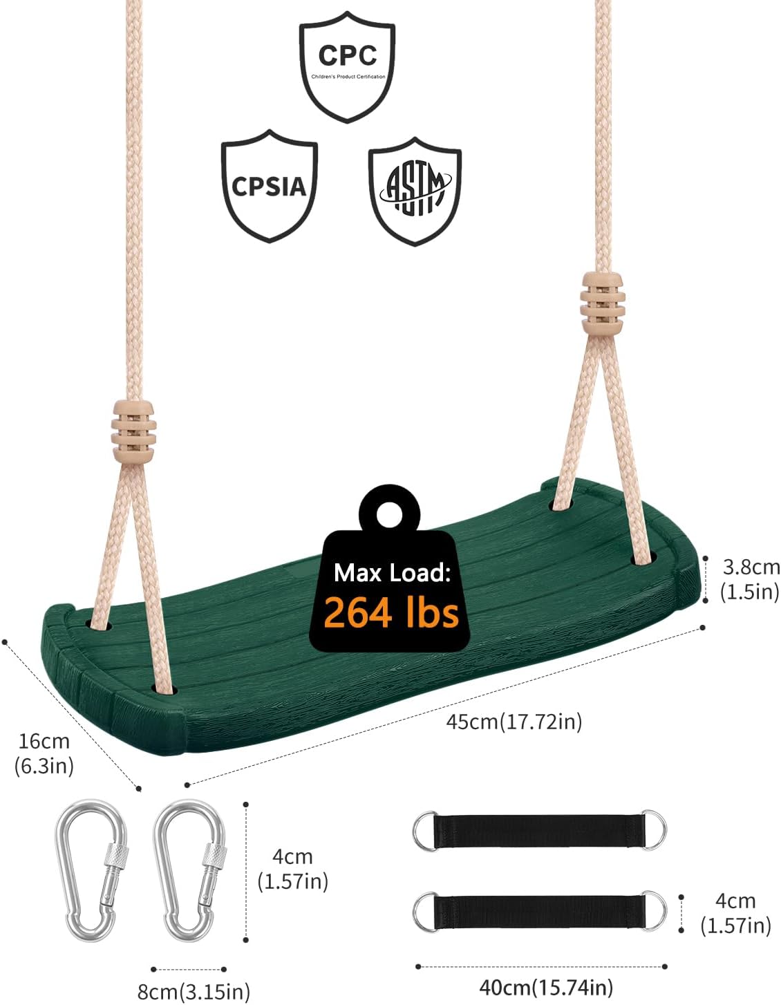 Weatherproof PE Kids Swing for Tree,264lbs Heavy Duty Swing with Tree Straps & Carabiners for Swing Set, Outdoor Playground & Backyard Replacement,Green