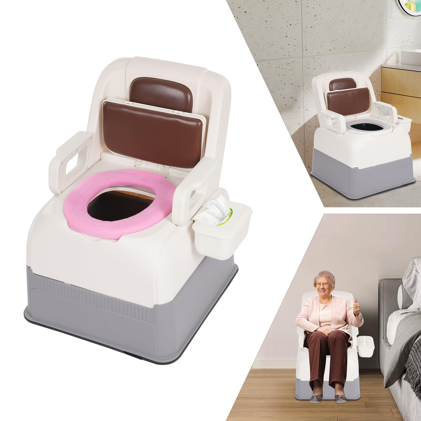 Sedia da comodino per WC con scatola di carta, grande capacità, con due coperchi, braccioli portatili per adulti e schienale a balze antiodore