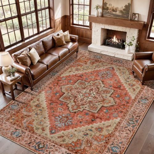 Image of Tangsoo Boho 6x9 Washable Area Rugs, Vintage Indoor Non Slip Large Area Rugs for Living Room, Print Carpet, Soft Low Pile Rug Foldable Floor Rugs for Bedroom Dining Room Home Decor Terracotta /Multi