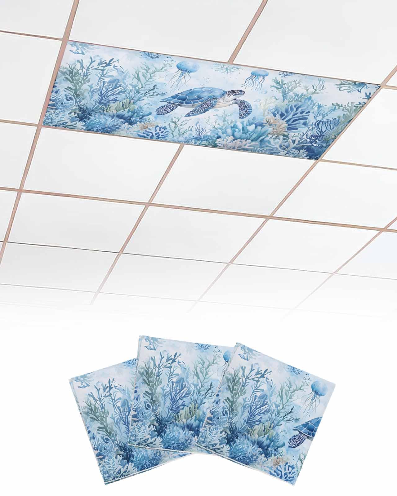 EwdeWwo Sea Turtle 3 Pcs Fluorescent Light Covers for Ceiling Lights, Blue Ocean Jellyfish Coral Magnetic Light Filters for Eliminate Harsh Glare Classroom Office Decoration, 4 x 2 Ft