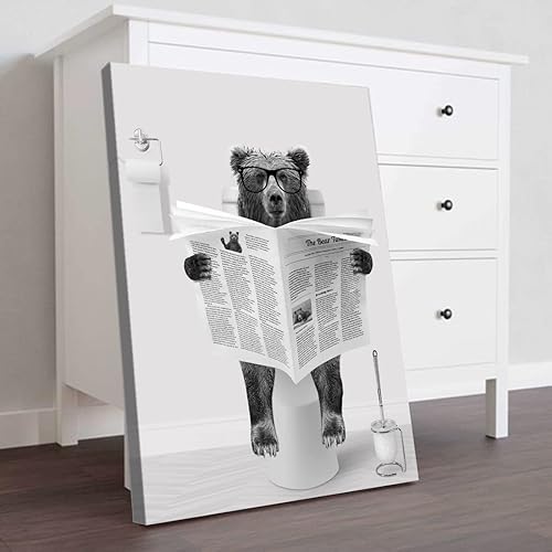 Miniatura 6 de Decoración artística de pared en blanco y negro  Oso con gafas sentado en el inodoro para leer periódico, impresiones en lienzo de periódicos,