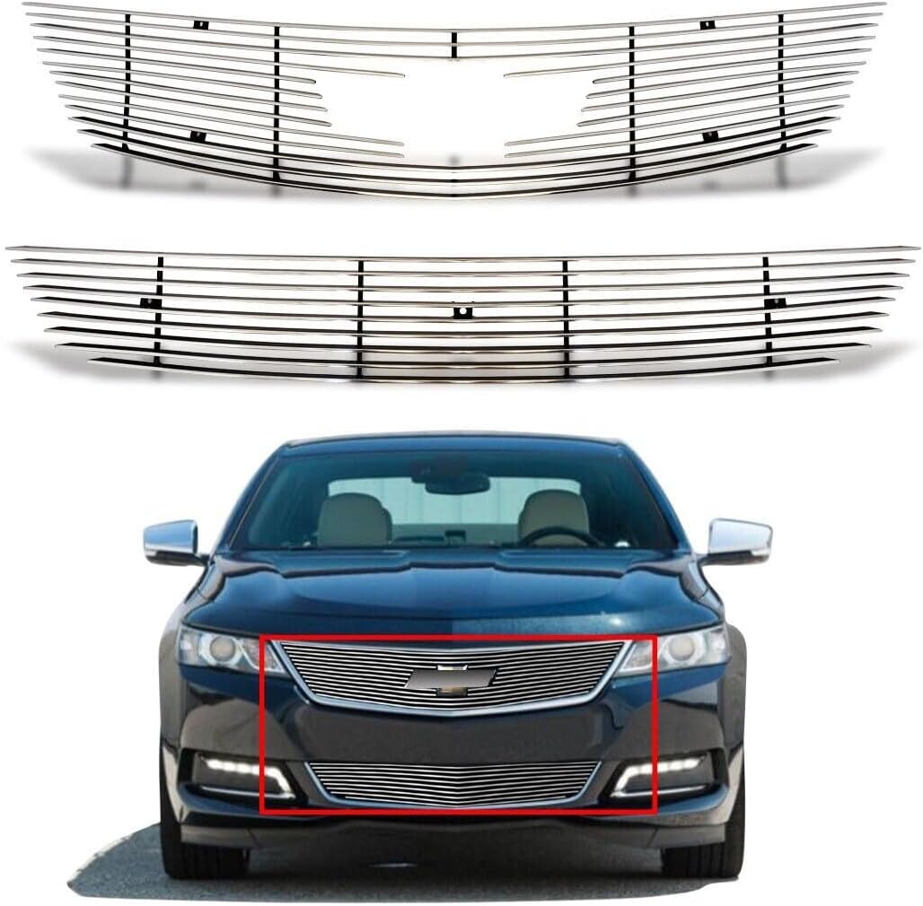 Compatible with Chevy Impala 2014-2020 with Logo Show Front Polished Upper Bumper Grill Grille Insert Combo 15 16 17 18 19 20 Bolt Over Style 2 pcs