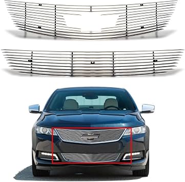 Compatible with Chevy Impala 2014-2020 with Logo Show Front Polished Upper Bumper Grill Grille Insert Combo 15 16 17 18 19 20 Bolt Over Style 2 pcs