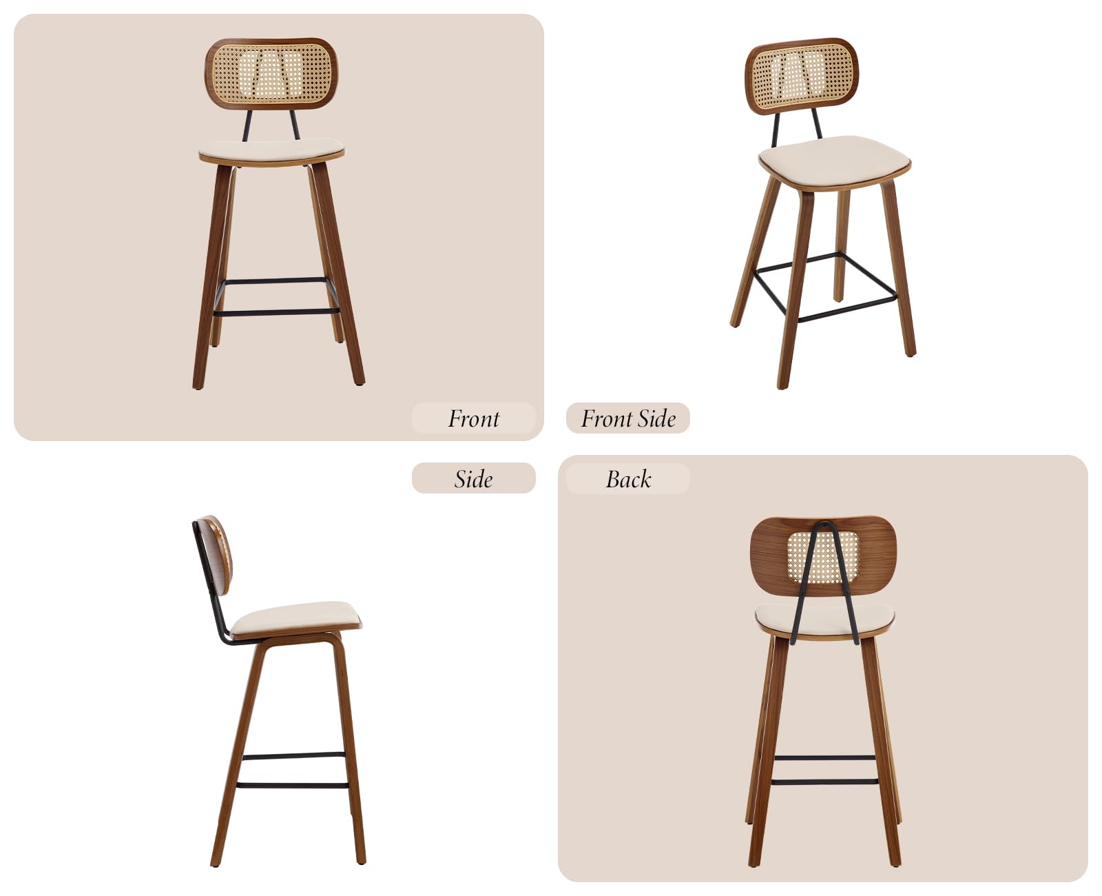 Ya-Home Juego de 2 Taburetes Altos de Cocina Modernos con Respaldo Rattán,Taburetes de Bar Tapizando en Cojín de PU, Sillas Altas de Mostrador con Patas de Madera para Hogar/Restaurante