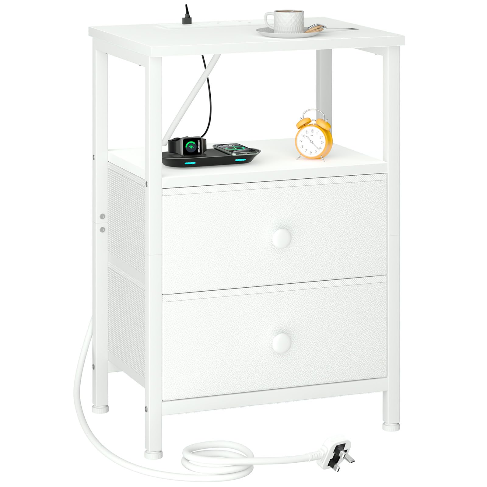 LOAKEKEL Bedside Table with Charging Station, Side Table for Bedroom White