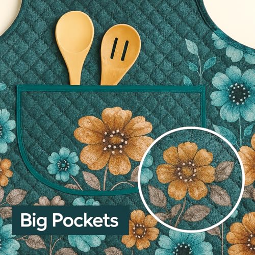 Image of Homerz Premium Velvet Apron for Kitchen with Center Pocket | Cooking Aprons for Women & Men - Ideal for Home & Restaurant | Flower Quilted Print (Blossom, Pack of 2)