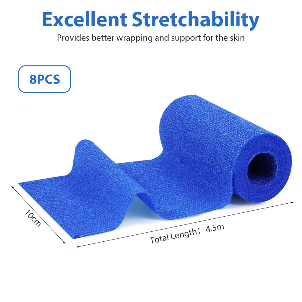 Benda Adesiva 8 Rotoli Bendaggio Adesiva Coesiva 10cmx4.5m Elastica Traspirante Sportivo Blu