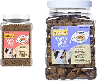 Friskies Party Mix Naturals Cat Treats, Seaside Crunch 454g Canister & Purina Friskies Party Mix Cat Treats; Naturals Gourmet Crunch - 454 g Canister