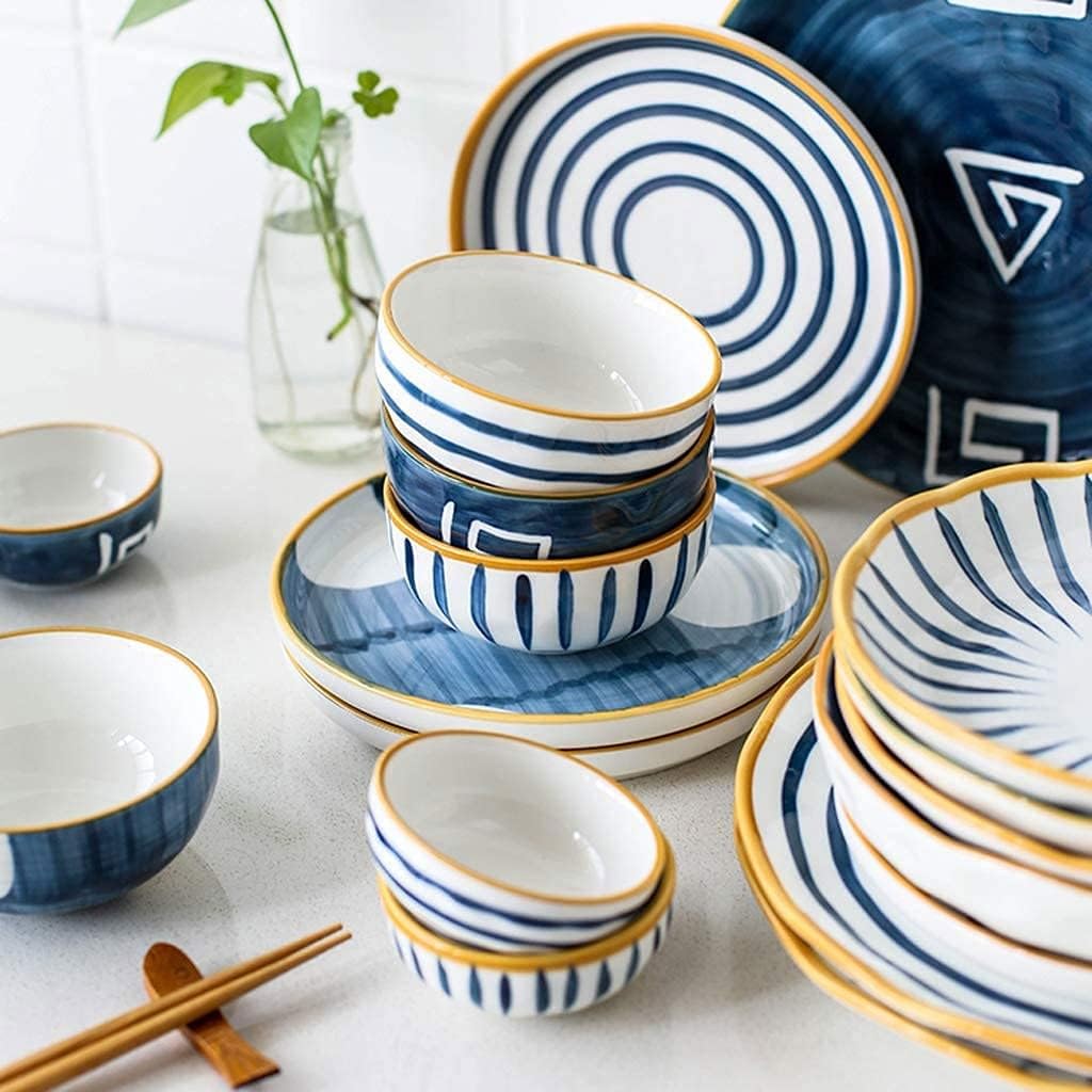 Juego de vajilla de Porcelana de 28 Piezas, Estilo japonés, de cerámica | Juego de vajilla con Plato y Cuenco para Restaurante, Color Azul, Blanco y Azul.,Blue