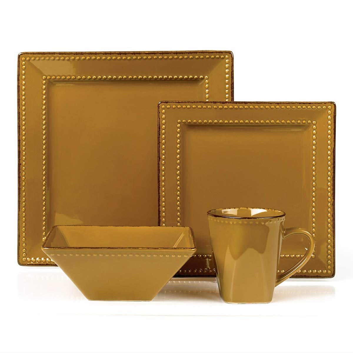 LH503 16 Piece Square Beaded Stoneware Dinnerware Set44; Mocca
