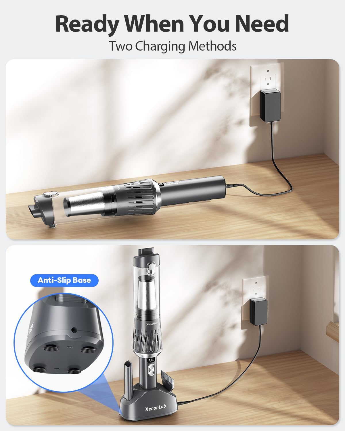 Handheld Vacuum Cordless 25000Pa Car Vacuum 3-in-1 Handheld Vacuum, Includes Smart Display and Charging Base Hand Vac Cordless Rechargeable One-Touch Empty for Home/Pet/Car (​Silver)