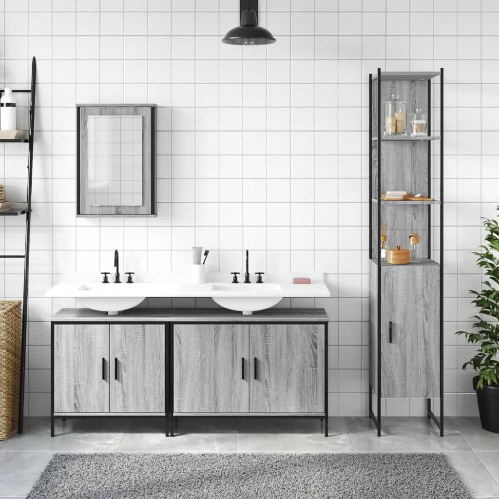 Hothingwell Sonoma Grey 4-częściowy zestaw mebli łazienkowych, wisząca szafka z lustrem i przestronnym schowkiem, odporne na wilgoć drewno inżynieryjne, oszczędność miejsca konstrukcja ścienna