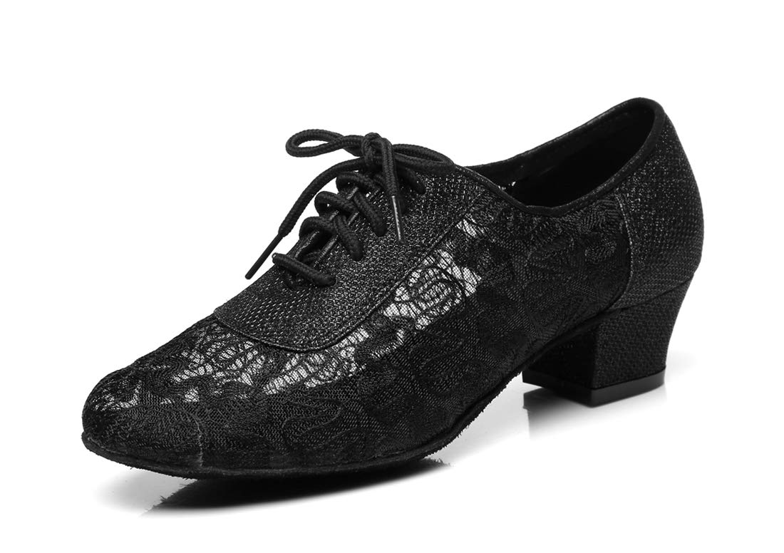 Minishion Women's Floral Mesh Lace-up Low Heel Ballroom Latin Dance Shoes Prom Pumps Black US 9.5